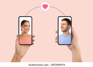 Modern Virtual Communication. Creative collage of young couple making video call, male and female portraits on the screens of two smartphones, boyfriend and girlfriend holding gadgets