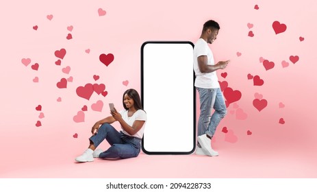Modern Virtual Communication. Creative collage of young black couple texting, sending love sms, excited male and female leaning on big cell phone screen with blank white screen for mock up template - Shutterstock ID 2094228733