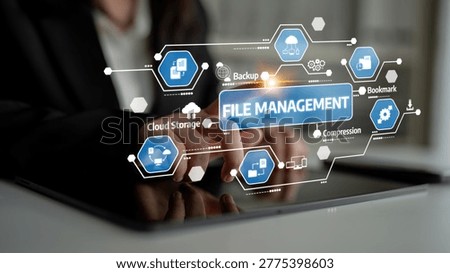 A modern visual representation of file management systems on a tablet, showcasing features like cloud storage, backup, and compression for efficient digital organization. Tessel