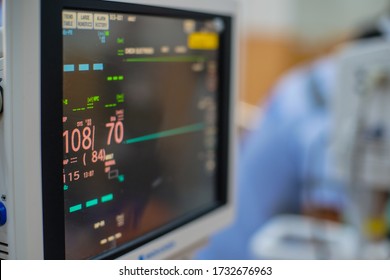 Modern Vital Sign Monitor On Patient Background At Ward In The Hospital.