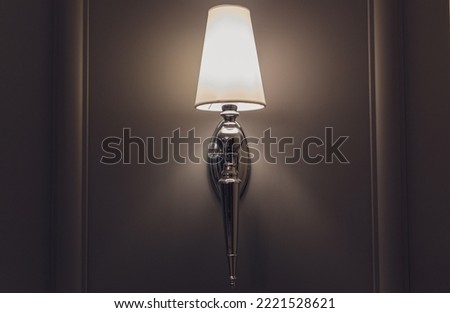 Modern wall lamp on a light wall. Free space and decor in the interior.