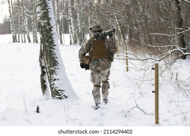 Modern War Soldier Army Man In Multicam Camouflage In Winter Season