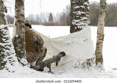 Modern War Soldier Army Man In Multicam Camouflage In Winter Season