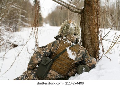 Modern War Soldier Army Man In Multicam Camouflage In Winter Season