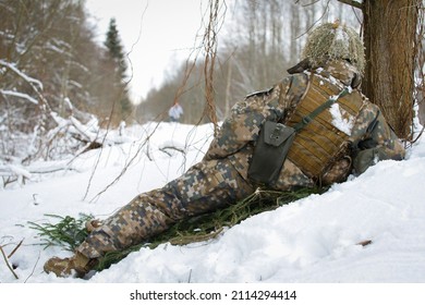 Modern War Soldier Army Man In Multicam Camouflage In Winter Season