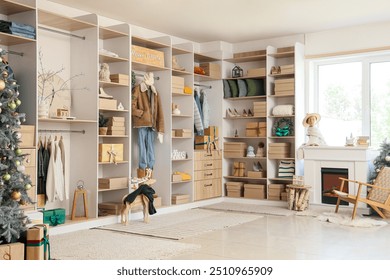 Modern wardrobe with stylish winter clothes, decorations, gift boxes and Christmas tree - Powered by Shutterstock