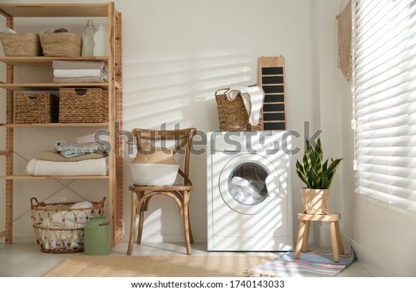 Modern Washing Machine Laundry Room Interior Stock Photo (Edit Now