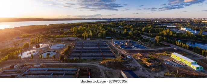 Modern Wastewater Treatment Plant, Aerial View From Drone At The Evening Sunset.