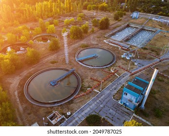 Modern Wastewater Treatment Plant, Aerial View From Drone At The Evening Sunset.