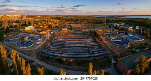 Modern Wastewater Treatment Plant, Aerial View From Drone At The Evening Sunset.