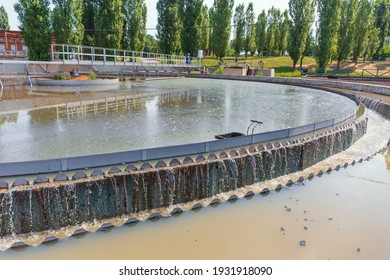 Modern wastewater treatment plant. Round tanks for sedimentation of dirty water