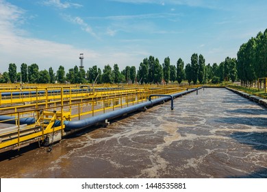 Modern wastewater treatment plant. Tanks for aeration and biological purification of sewage by using active sludge 