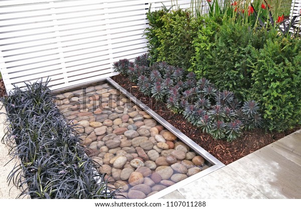 Modern Water Feature Contemporary Garden Design Stock Photo (Edit Now