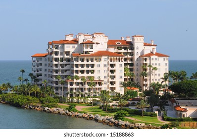 Modern waterfront building with timeshare apartment units