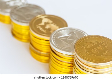 Modern way of exchange. Bitcoin is convenient payment in global economy market. Virtual digital currency and financial investment trade concept. Abstract cryptocurrency with gold bitcoin background.
