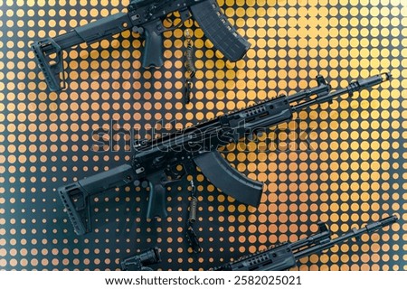 Modern weapons automatic rifles and machine gun on the counter. Firearms for the army and police