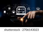 Modern web development concept featuring coding symbols, web development process, web development interface, and web development tools with futuristic design. Spline