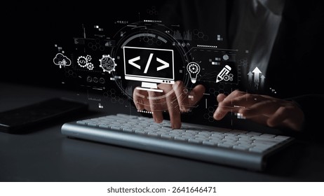 Modern web development concept featuring coding symbols, web development process, web development interface, and web development tools with futuristic design. Muxer