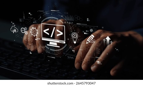 Modern web development concept featuring coding symbols, web development process, web development interface, and web development tools with futuristic design. Muxer