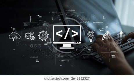 Modern web development concept featuring coding symbols, web development process, web development interface, and web development tools with futuristic design. Muxer