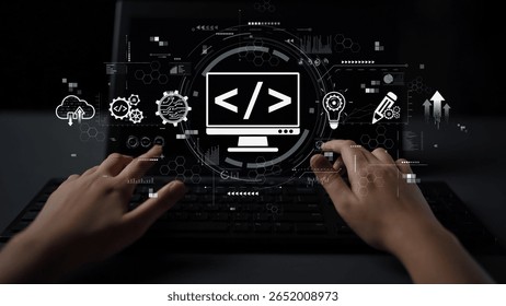 Modern web development concept featuring coding symbols, web development process, web development interface, and web development tools with futuristic design. Muxer