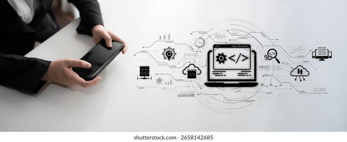 Modern web development concept featuring coding symbols, web development process, web development interface, and web development tools with futuristic design. Spline - Powered by Shutterstock - Get 15% off with code: PIKWIZARD15