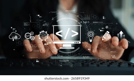 Modern web development concept featuring coding symbols, web development process, web development interface, and web development tools with futuristic design. Muxer