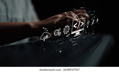 Modern web development concept featuring coding symbols, web development process, web development interface, and web development tools with futuristic design. Muxer