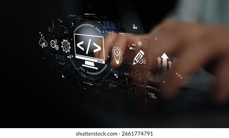 Modern web development concept featuring coding symbols, web development process, web development interface, and web development tools with futuristic design. Muxer