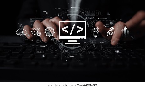 Modern web development concept featuring coding symbols, web development process, web development interface, and web development tools with futuristic design. Muxer