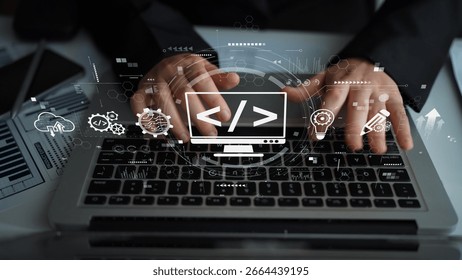 Modern web development concept featuring coding symbols, web development process, web development interface, and web development tools with futuristic design. Muxer