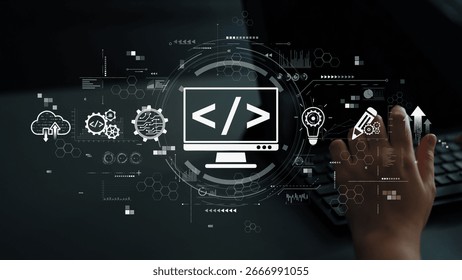 Modern web development concept featuring coding symbols, web development process, web development interface, and web development tools with futuristic design. Muxer