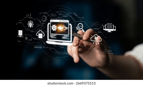 Modern web development concept featuring coding symbols, web development process, web development interface, and web development tools with futuristic design. Spline