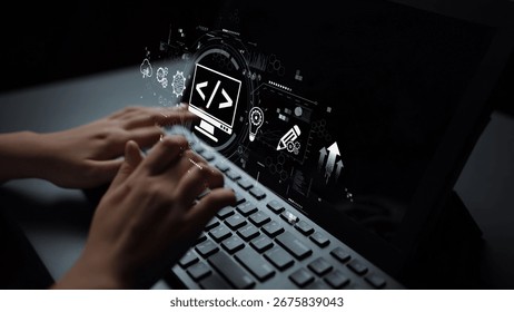 Modern web development concept featuring coding symbols, web development process, web development interface, and web development tools with futuristic design. Muxer