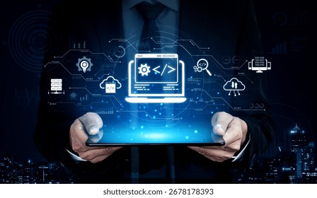 Modern web development concept featuring coding symbols, web development process, web development interface, and web development tools with futuristic design. Spline