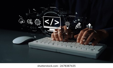 Modern web development concept featuring coding symbols, web development process, web development interface, and web development tools with futuristic design. Muxer