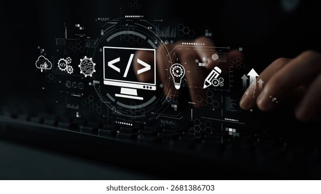 Modern web development concept featuring coding symbols, web development process, web development interface, and web development tools with futuristic design. Muxer