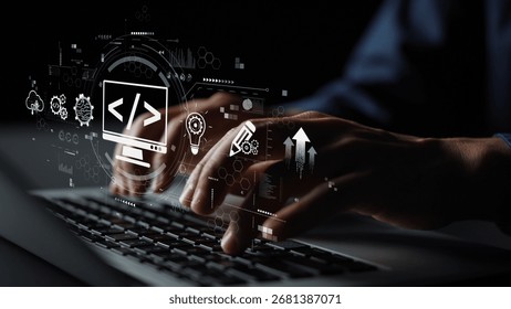 Modern web development concept featuring coding symbols, web development process, web development interface, and web development tools with futuristic design. Muxer