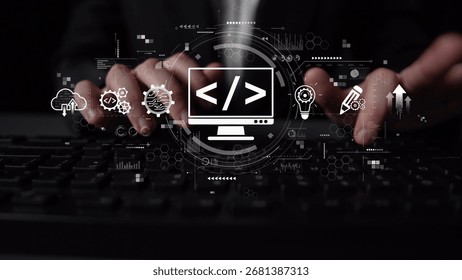 Modern web development concept featuring coding symbols, web development process, web development interface, and web development tools with futuristic design. Muxer