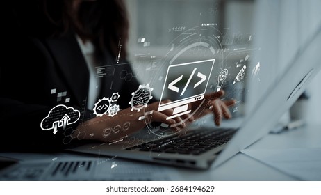 Modern web development concept featuring coding symbols, web development process, web development interface, and web development tools with futuristic design. Muxer