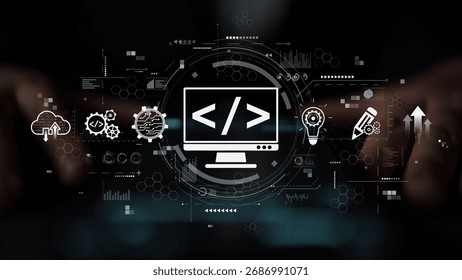 Modern web development concept featuring coding symbols, web development process, web development interface, and web development tools with futuristic design. Muxer - Powered by Shutterstock - Get 15% off with code: PIKWIZARD15