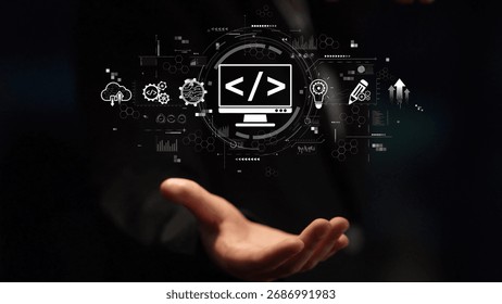 Modern web development concept featuring coding symbols, web development process, web development interface, and web development tools with futuristic design. Muxer