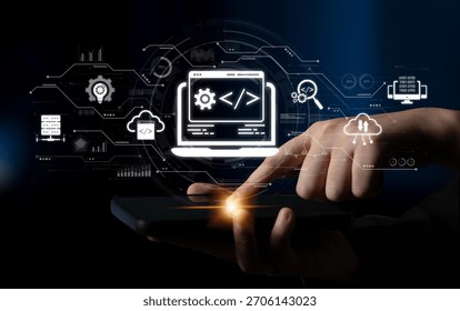 Modern web development concept featuring coding symbols, web development process, web development interface, and web development tools with futuristic design. Spline