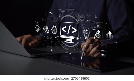 Modern web development concept featuring coding symbols, web development process, web development interface, and web development tools with futuristic design. Muxer