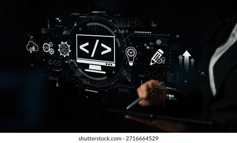 Modern web development concept featuring coding symbols, web development process, web development interface, and web development tools with futuristic design. Muxer