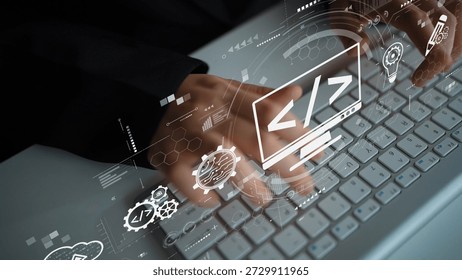 Modern web development concept featuring coding symbols, web development process, web development interface, and web development tools with futuristic design. Muxer
