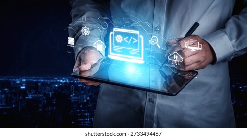 Modern web development concept featuring coding symbols, web development process, web development interface, and web development tools with futuristic design. Spline
