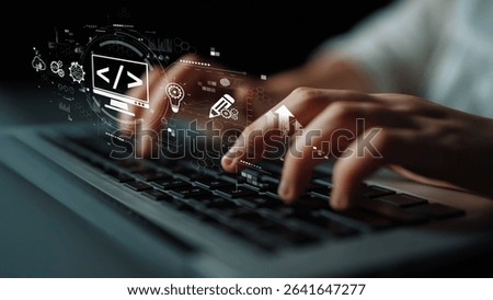 Modern web development concept featuring coding symbols, web development process, web development interface, and web development tools with futuristic design. Muxer