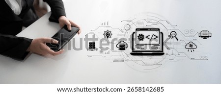 Modern web development concept featuring coding symbols, web development process, web development interface, and web development tools with futuristic design. Spline