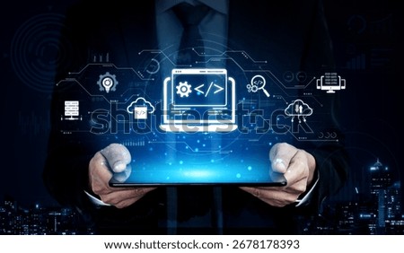 Modern web development concept featuring coding symbols, web development process, web development interface, and web development tools with futuristic design. Spline